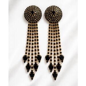 Black Rhinestone Chandelier Earrings Gold Tone Statement Dangle 5 Inch Long